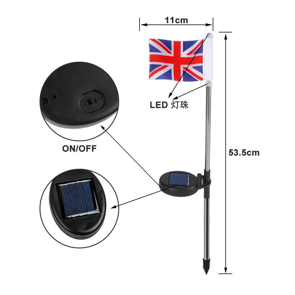 Solar garden flag light with American flag design on stainless steel pole, 34cm tall