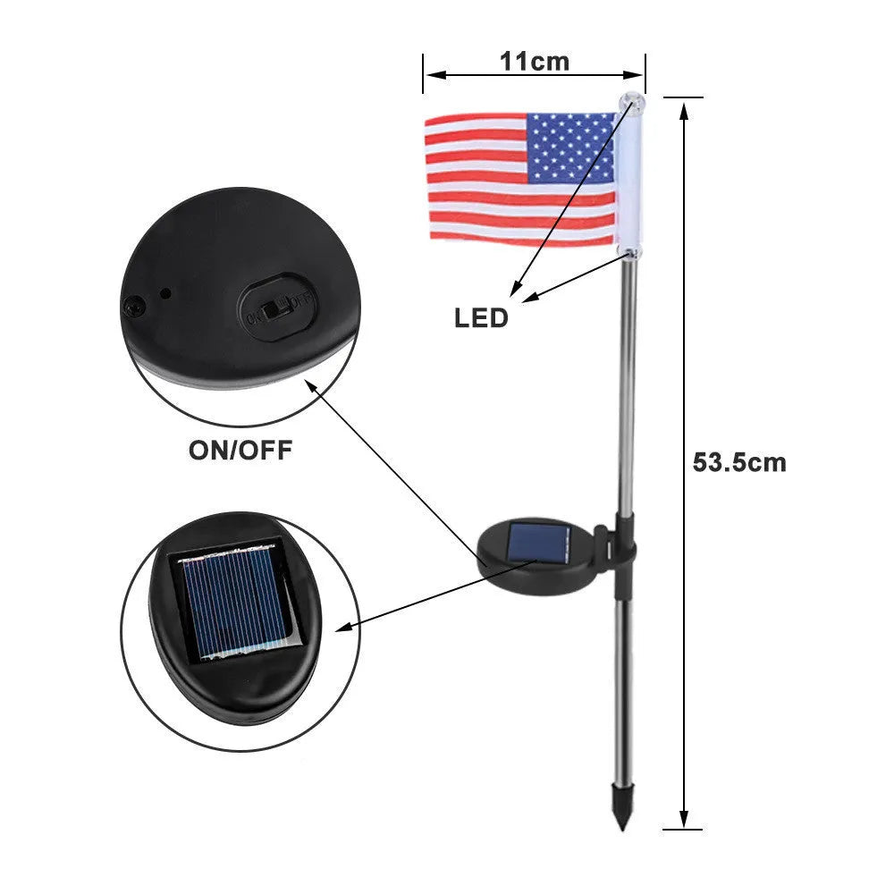 Solar garden flag light with American flag design on stainless steel pole, 34cm tall