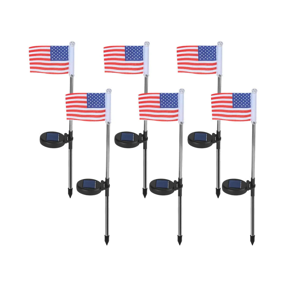 Solar garden flag light with American flag design on stainless steel pole, 34cm tall