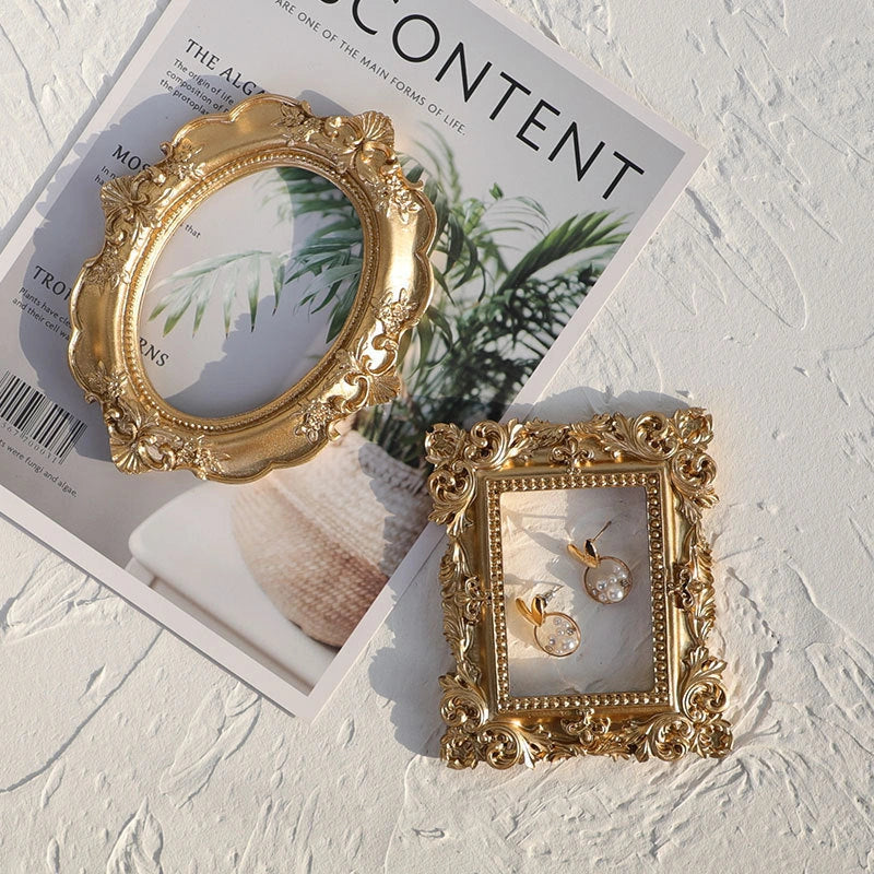 Golden retro photo frame for jewelry and art display in Nordic style
