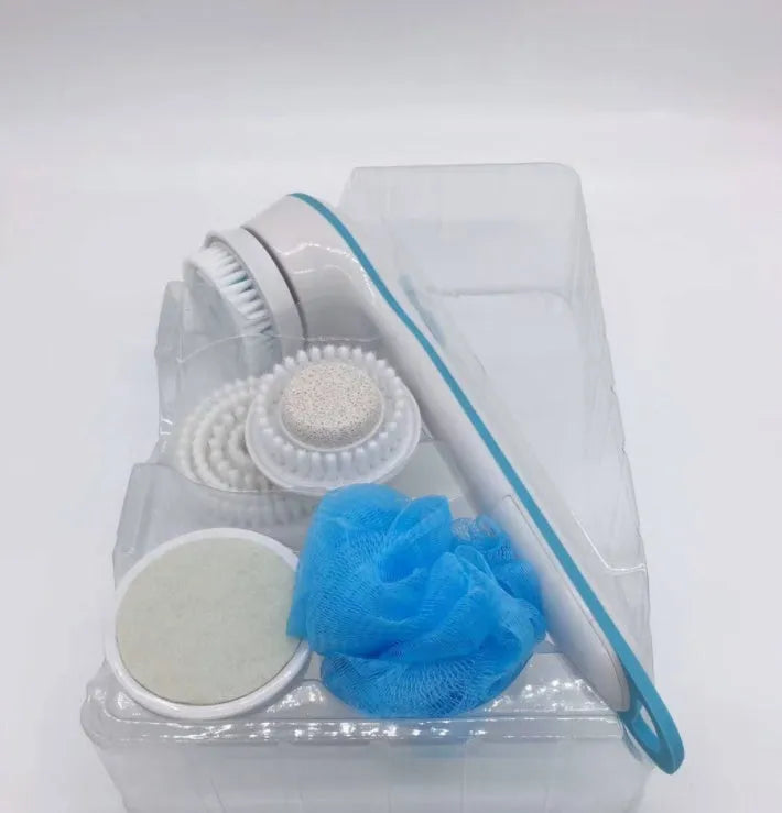 Electric bath brush with rotating spin spa brush head, ideal for cleansing and exfoliating skin in shower or bath, supplied in a colour presentation box measuring 30.5 by 20.5 by 9.5 cm and weighing 620g.