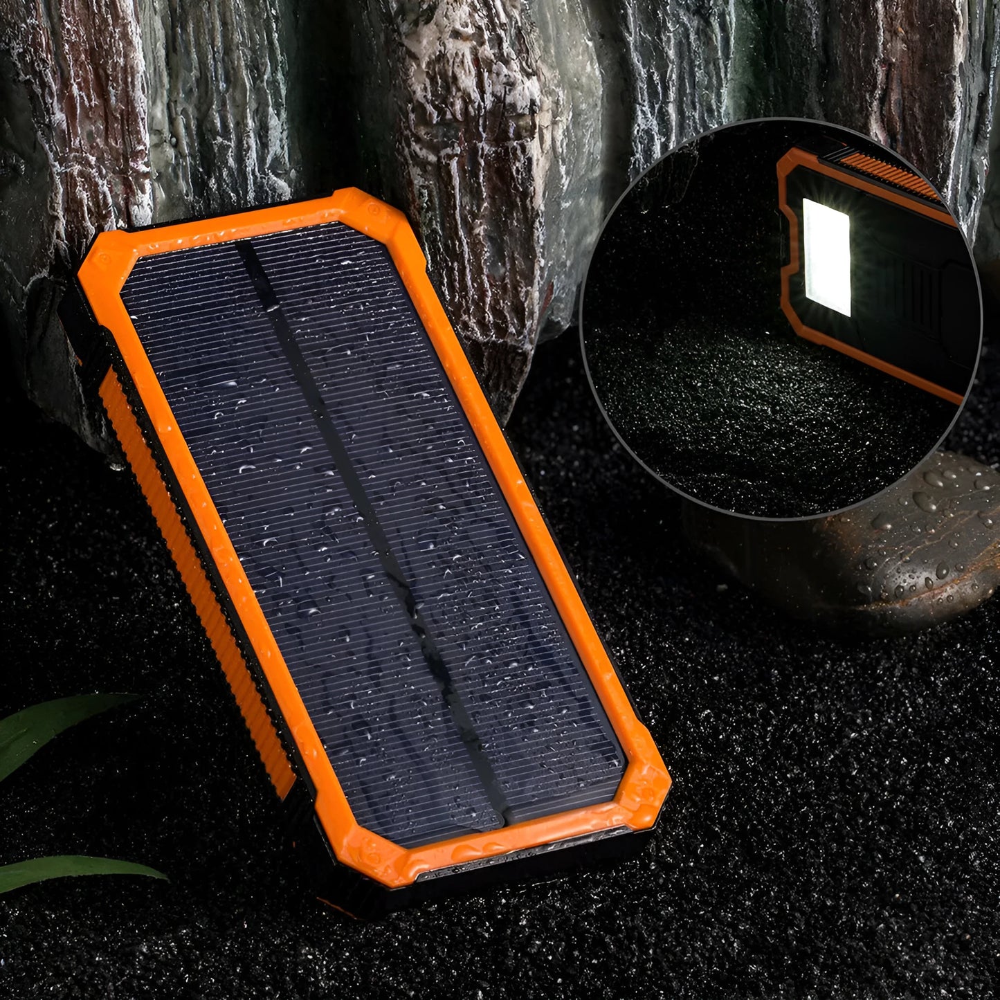 Rugged orange solar power bank showing USB ports and solar panel, labelled 20000mAh.