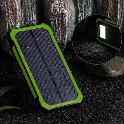 Rugged orange solar power bank showing USB ports and solar panel, labelled 20000mAh.