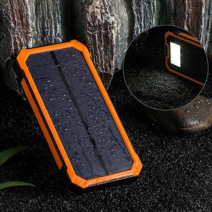 Rugged orange solar power bank showing USB ports and solar panel, labelled 20000mAh.