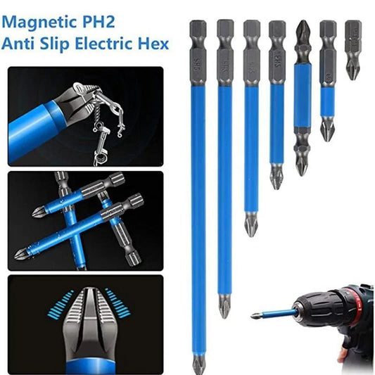 7-piece PH2 anti-slip magnetic cross electric drill bits set with sizes 25mm to 150mm