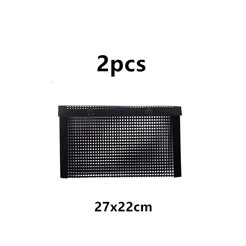 Black grill mesh bag with non-stick grid mat for BBQ cooking showing smoke-through design