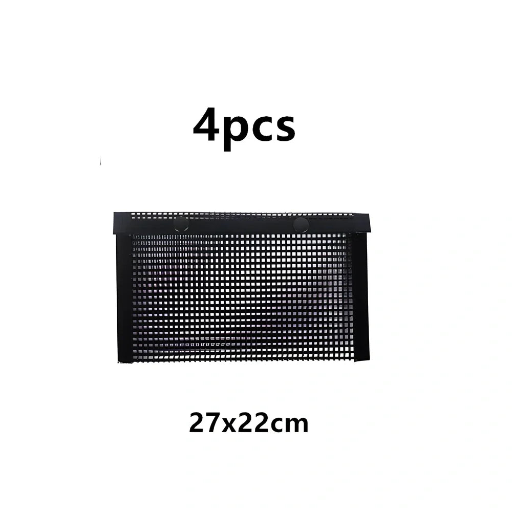 Black grill mesh bag with non-stick grid mat for BBQ cooking showing smoke-through design