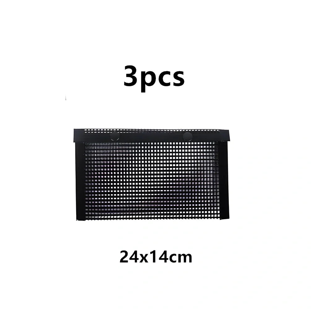 Black grill mesh bag with non-stick grid mat for BBQ cooking showing smoke-through design