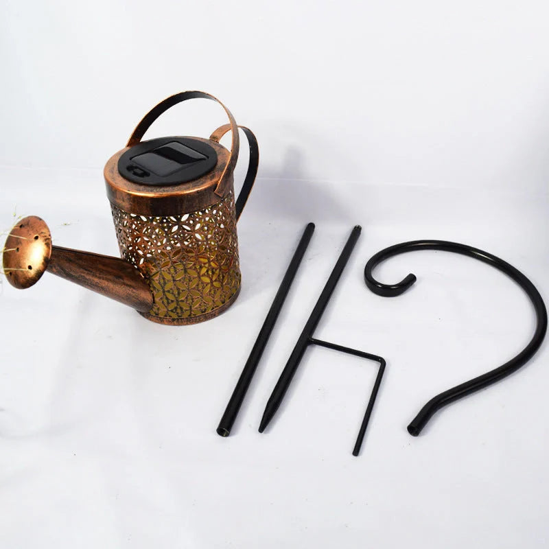 Solar-powered Enchanted Watering Can Garden Light with LED lights and hollow-out iron design