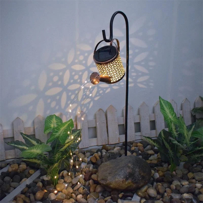 Solar-powered Enchanted Watering Can Garden Light with LED lights and hollow-out iron design