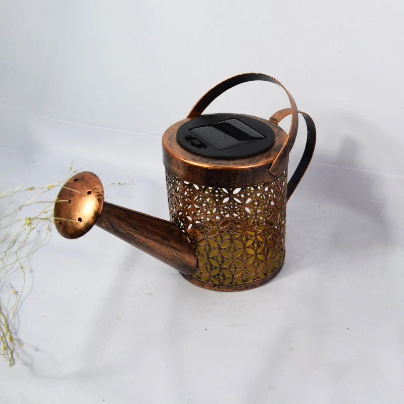 Solar-powered Enchanted Watering Can Garden Light with LED lights and hollow-out iron design