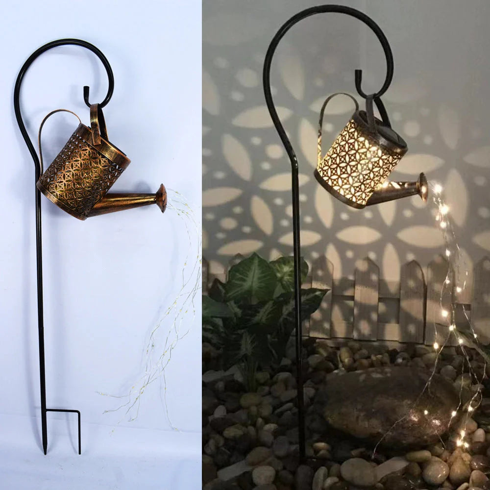 Solar-powered Enchanted Watering Can Garden Light with LED lights and hollow-out iron design