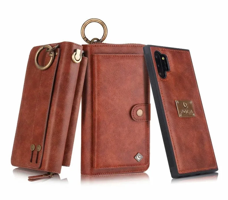 Black PU leather mobile phone wallet case with a zip closure, shown next to cards.