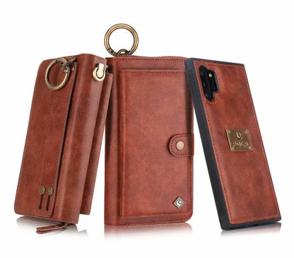 Black PU leather mobile phone wallet case with a zip closure, shown next to cards.
