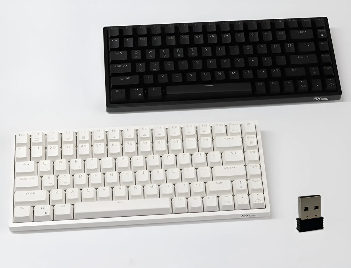 84-key three-mode mechanical keyboard with hot-swappable switches in black or white case