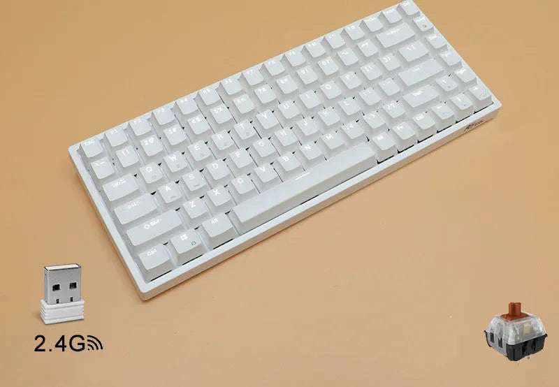 84-key three-mode mechanical keyboard with hot-swappable switches in black or white case