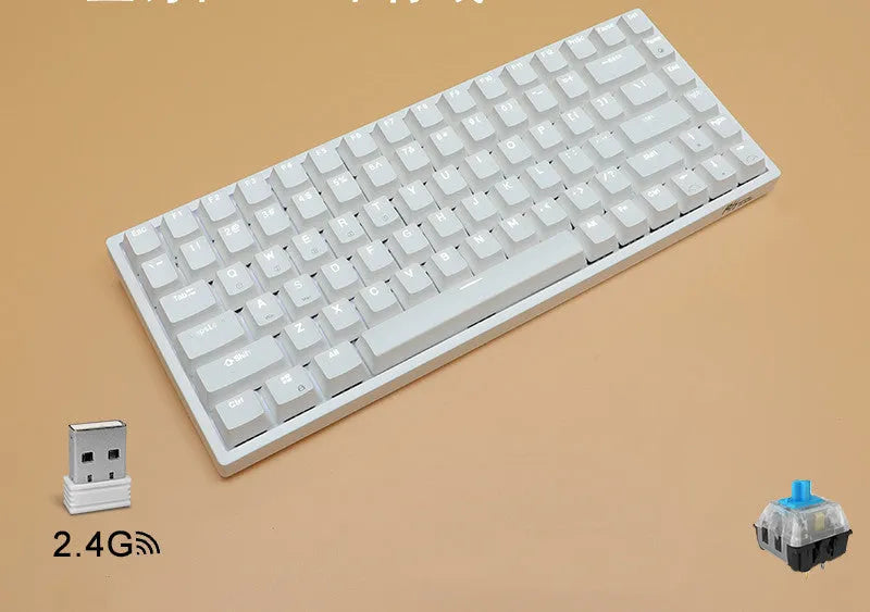 84-key three-mode mechanical keyboard with hot-swappable switches in black or white case