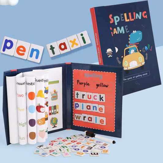 Magnetic spelling and letter workbook for primary school students with colorful puzzles, strong magnetic backing, and wooden construction
