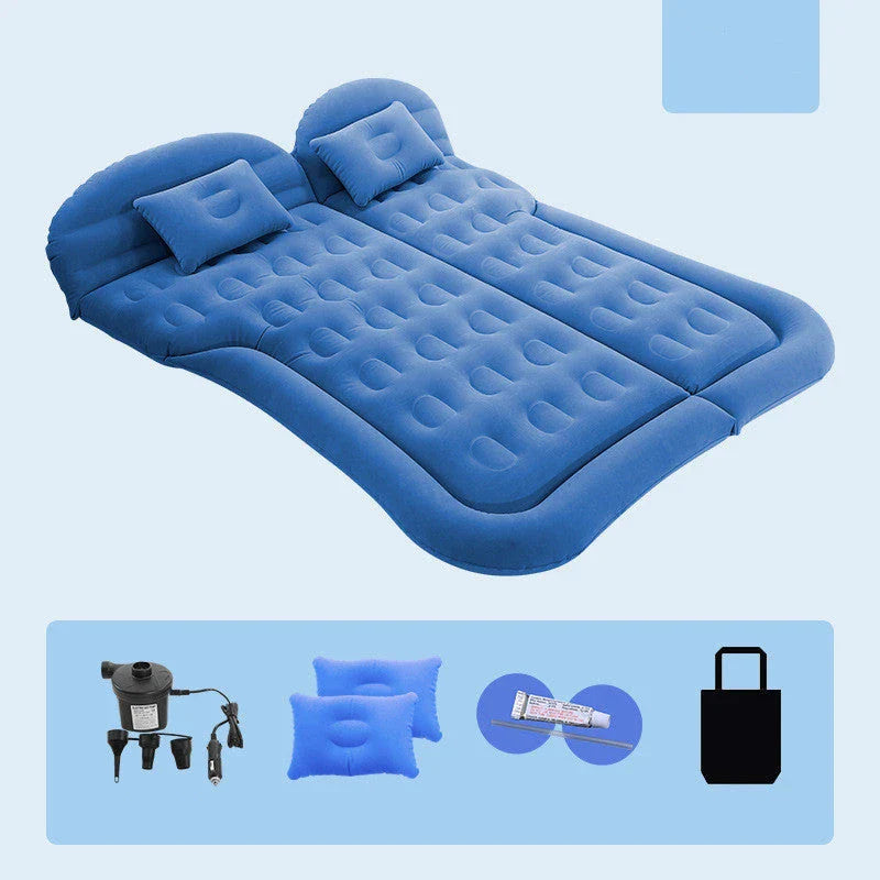 Luxury Inflatable Car Mattress for SUVs, featuring a plush flocking surface, convenient folding design, and easy inflation/deflation process for comfortable in-car napping and outdoor adventures.