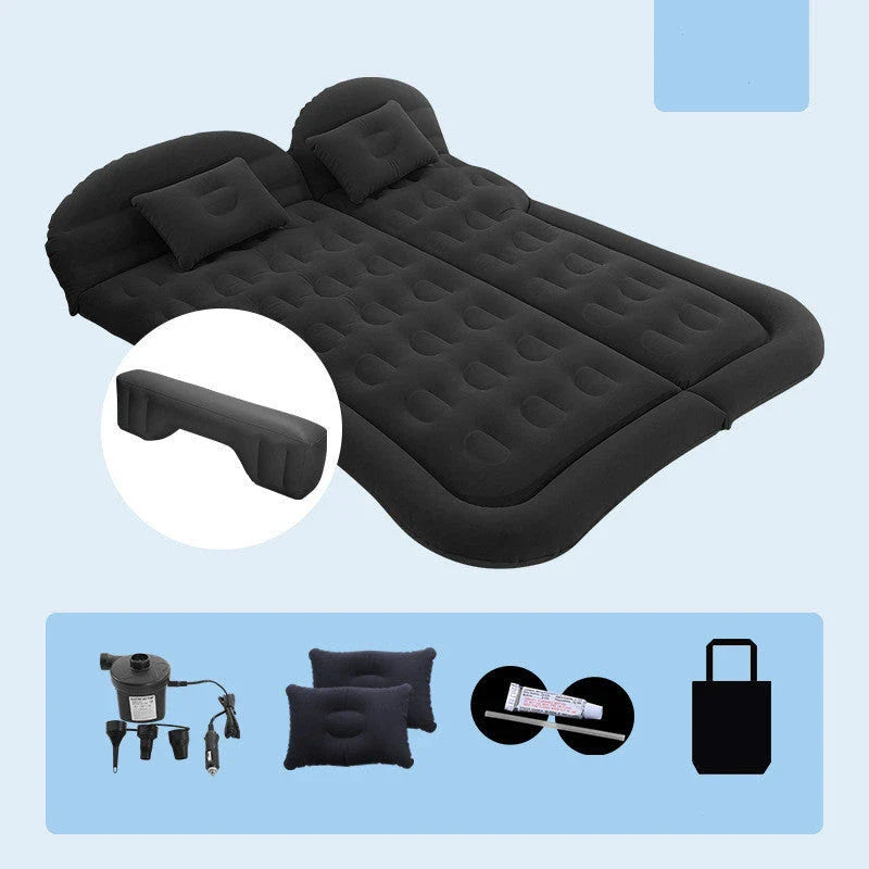 Luxury Inflatable Car Mattress for SUVs, featuring a plush flocking surface, convenient folding design, and easy inflation/deflation process for comfortable in-car napping and outdoor adventures.