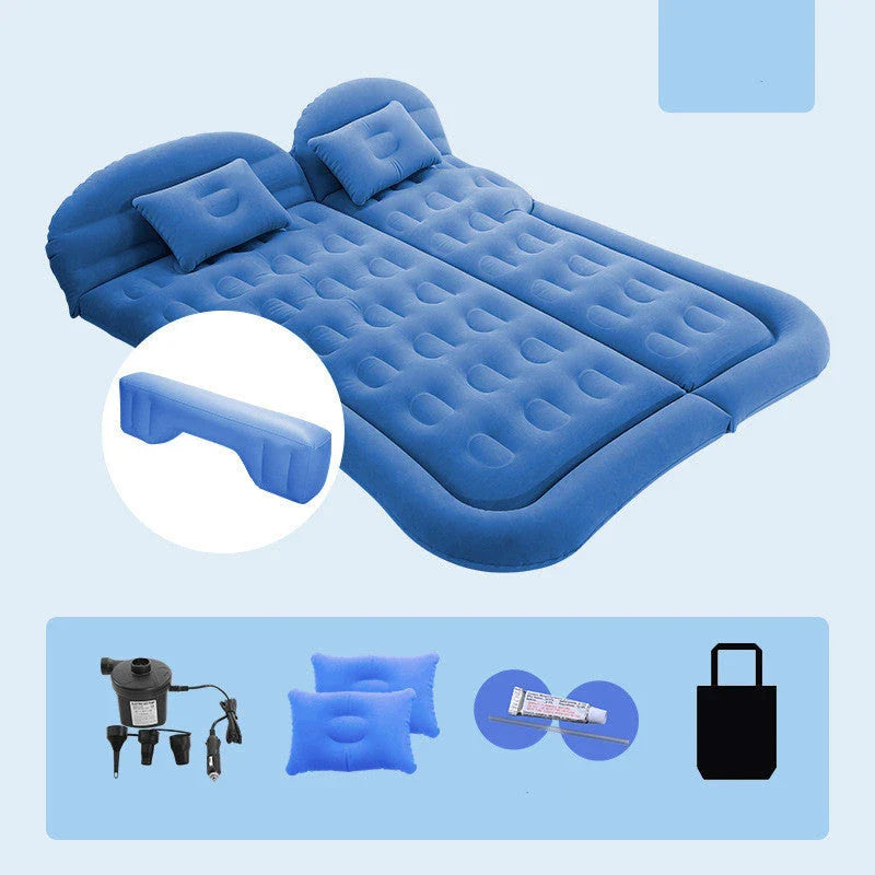 Luxury Inflatable Car Mattress for SUVs, featuring a plush flocking surface, convenient folding design, and easy inflation/deflation process for comfortable in-car napping and outdoor adventures.
