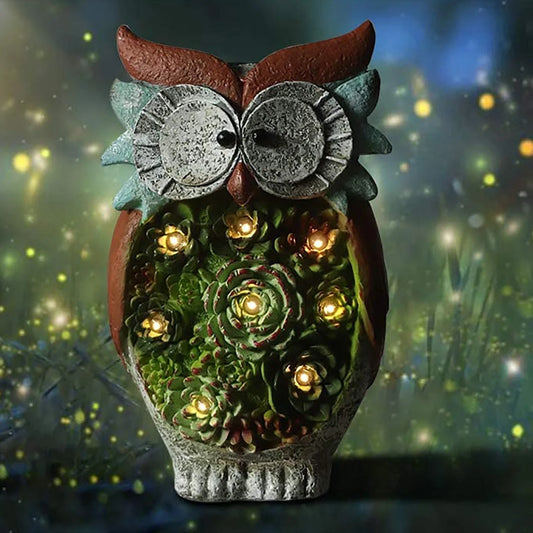Decorative solar-powered owl-shaped outdoor light for backyard, patio, or garden use