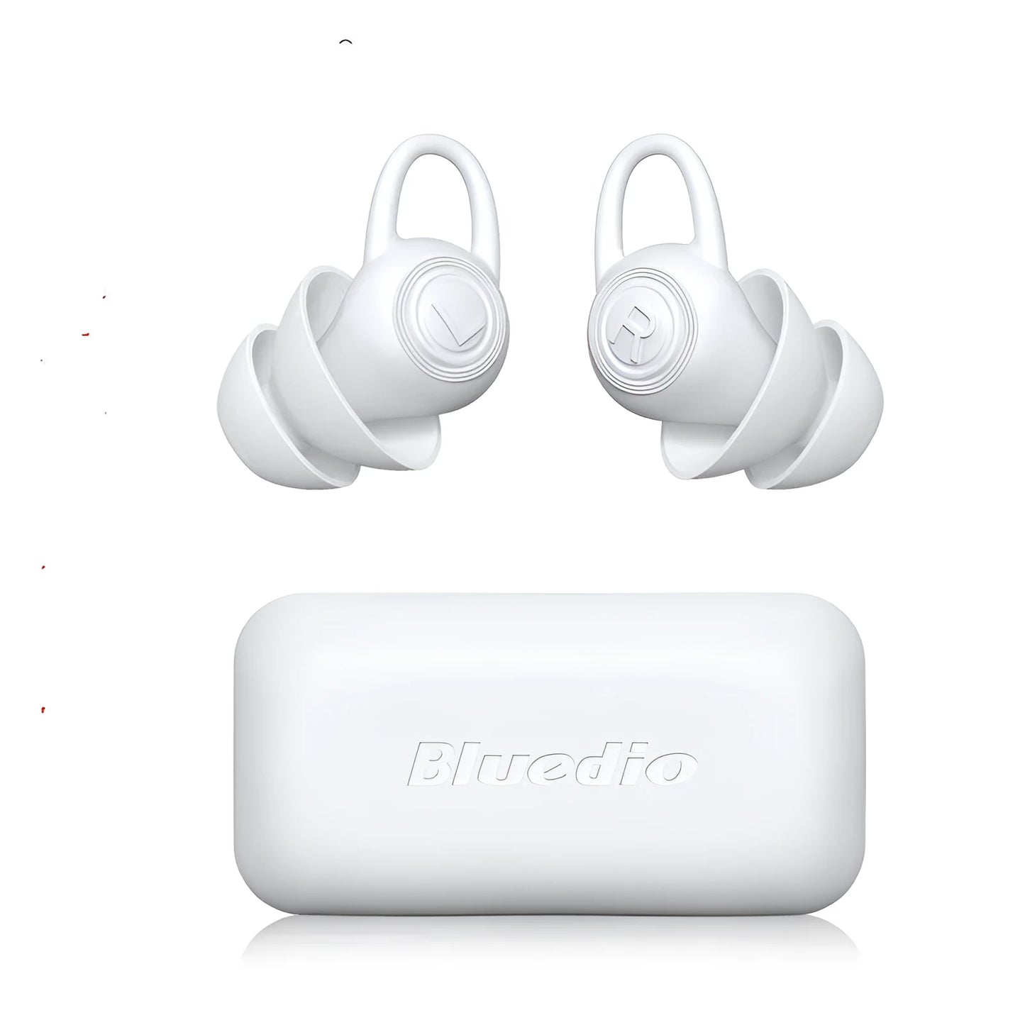 A single pair of smooth white silicone ear plugs for noise reduction.