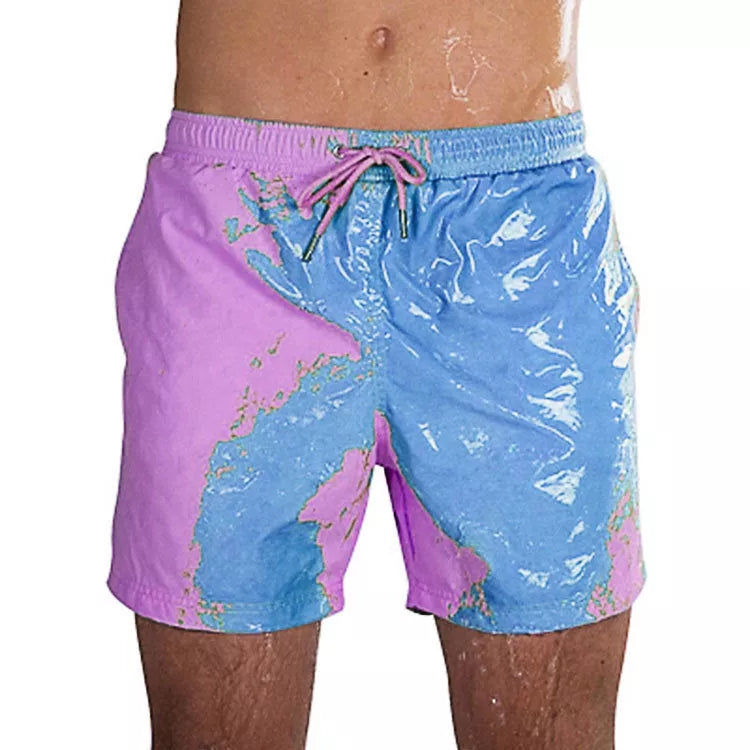 Men's colour-changing beach shorts in various colours, showing quick-dry and water-reactive features