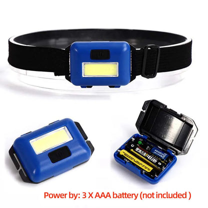 Outdoor mini COB LED headlight in black with adjustable polyester strap, showing compact design and lighting modes.
