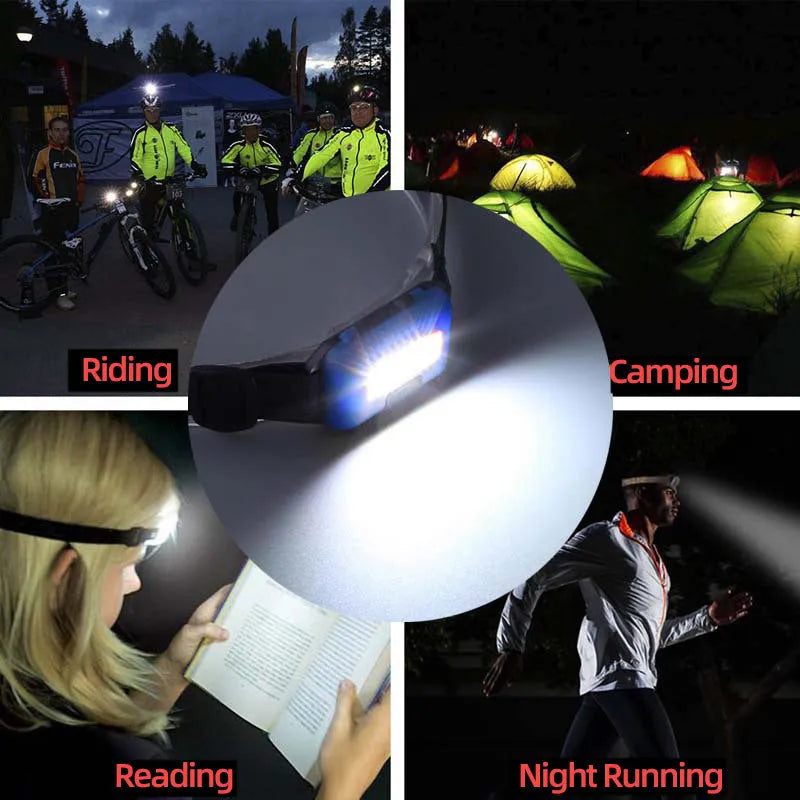 Outdoor mini COB LED headlight in blue, black, or red with polyester webbing belt, showing 3W bulb and compact design