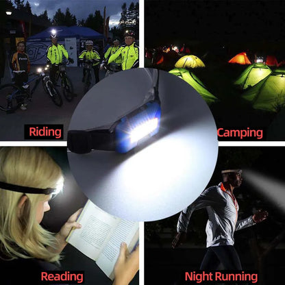 Outdoor mini COB LED headlight in blue, black, or red with polyester webbing belt, showing 3W bulb and compact design