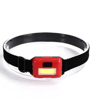 Outdoor mini COB LED headlight in black with adjustable polyester strap, showing compact design and lighting modes.