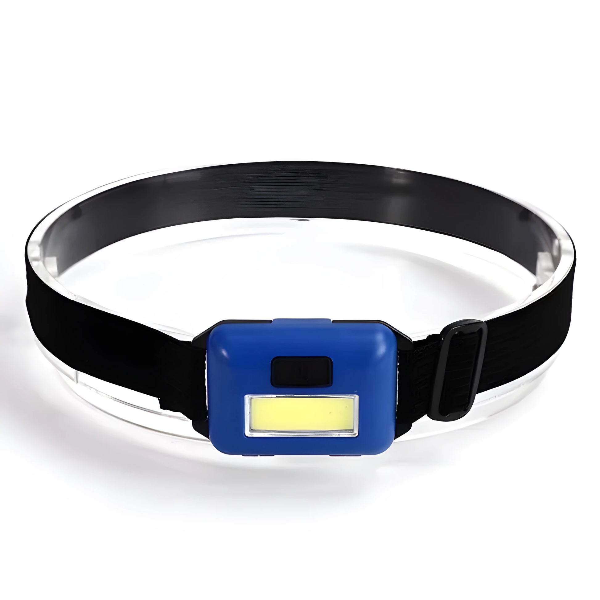 Outdoor mini COB LED headlight in black with adjustable polyester strap, showing compact design and lighting modes.