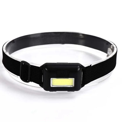 Outdoor mini COB LED headlight in blue, black, or red with polyester webbing belt, showing 3W bulb and compact design