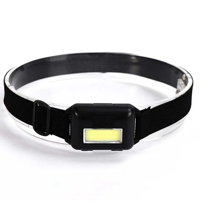 Outdoor mini COB LED headlight in black with adjustable polyester strap, showing compact design and lighting modes.