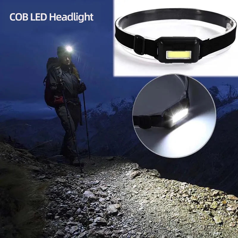 Outdoor mini COB LED headlight in black with adjustable polyester strap, showing compact design and lighting modes.