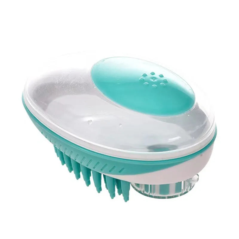 Silicone pet bath brush and massage comb for cats and dogs with bath liquid storage, shown in blue and green