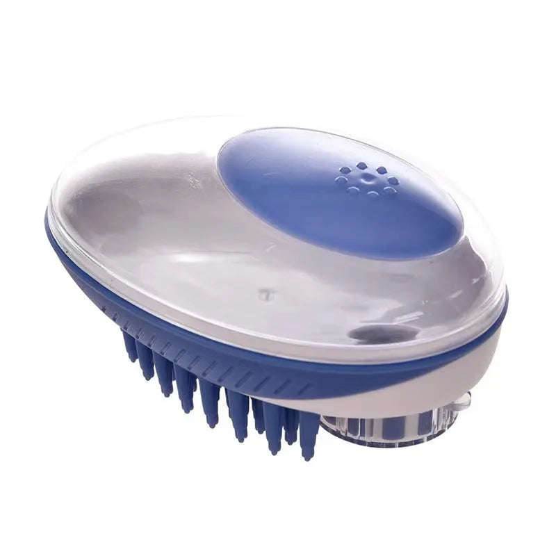 Silicone pet bath brush and massage comb for cats and dogs with bath liquid storage, shown in blue and green