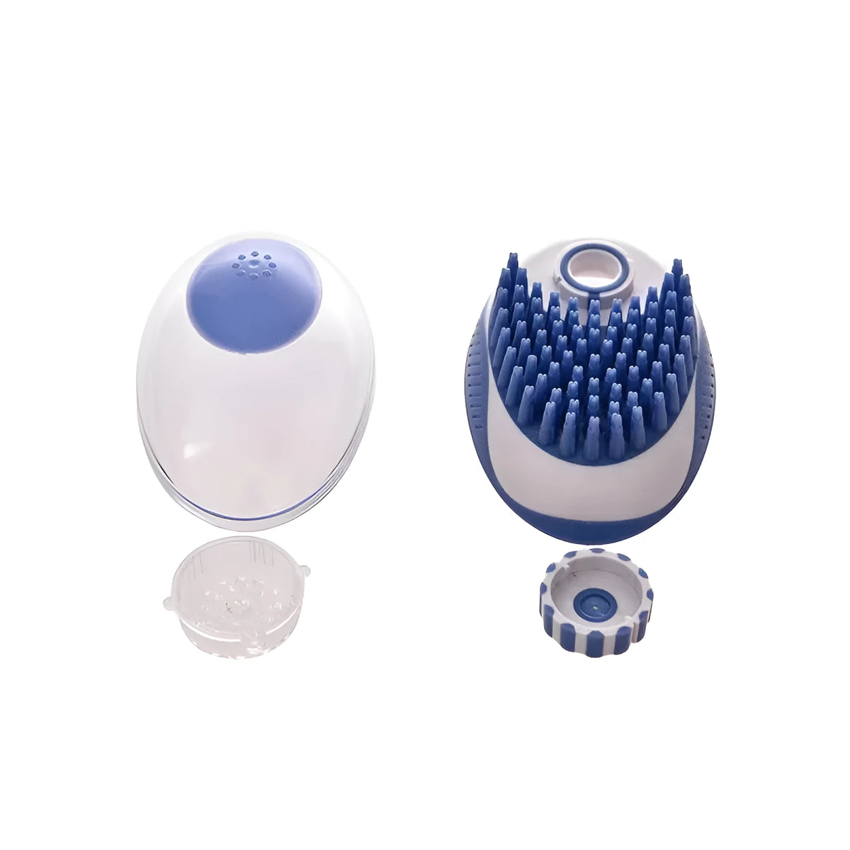 Silicone pet bath brush and massage comb for cats and dogs with bath liquid storage, shown in blue and green