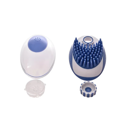 Silicone pet bath brush and massage comb for cats and dogs with bath liquid storage, shown in blue and green