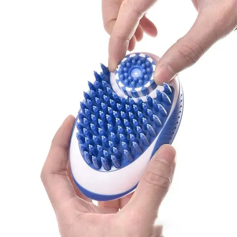 Silicone pet bath brush and massage comb for cats and dogs with bath liquid storage, shown in blue and green