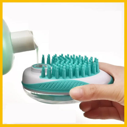 Silicone pet bath brush and massage comb for cats and dogs with bath liquid storage, shown in blue and green