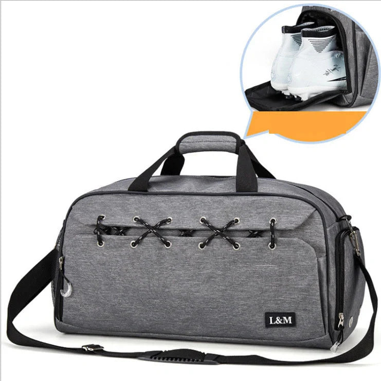 Durable sports gym bag with shoe compartment and wet-dry separation layer for organised storage