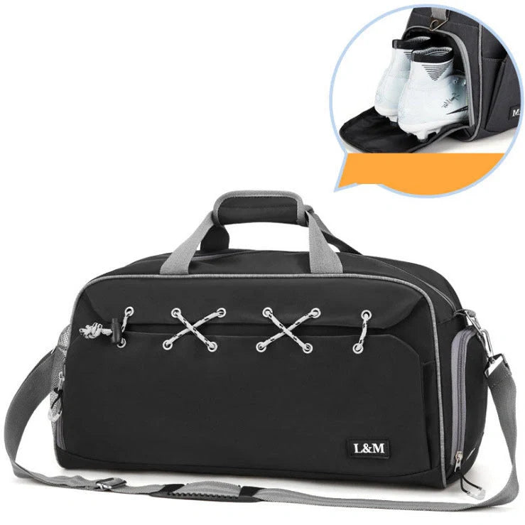 Durable sports gym bag with shoe compartment and wet-dry separation layer for organised storage