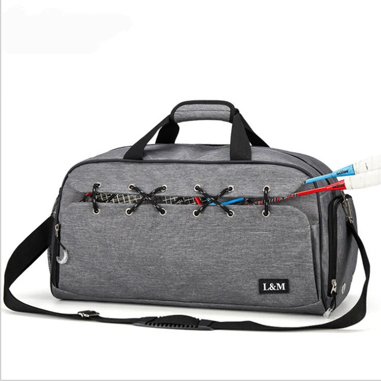 Durable sports gym bag with shoe compartment and wet-dry separation layer for organised storage