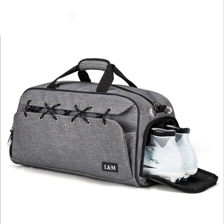 Durable sports gym bag with shoe compartment and wet-dry separation layer for organised storage