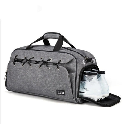 Durable sports gym bag with shoe compartment and wet-dry separation layer for organised storage