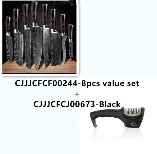 Premium chef knife set with high-performance stainless steel blades, featuring a striking Damascus pattern and ergonomic color-coated handles