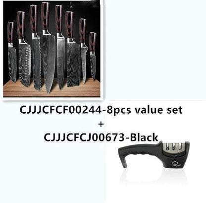Premium chef knife set with high-performance stainless steel blades, featuring a striking Damascus pattern and ergonomic color-coated handles