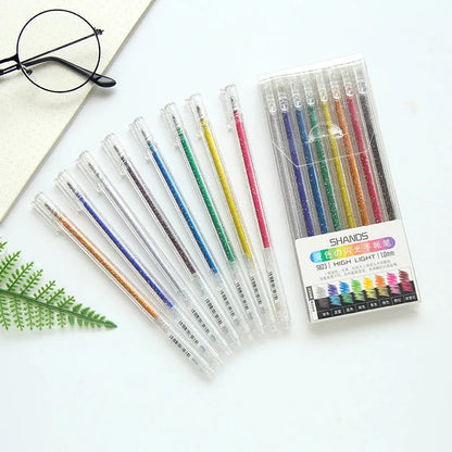 Box of eight Shanzhi 623 plastic flashing account pens with colour changing LED lights, 16 cm long.